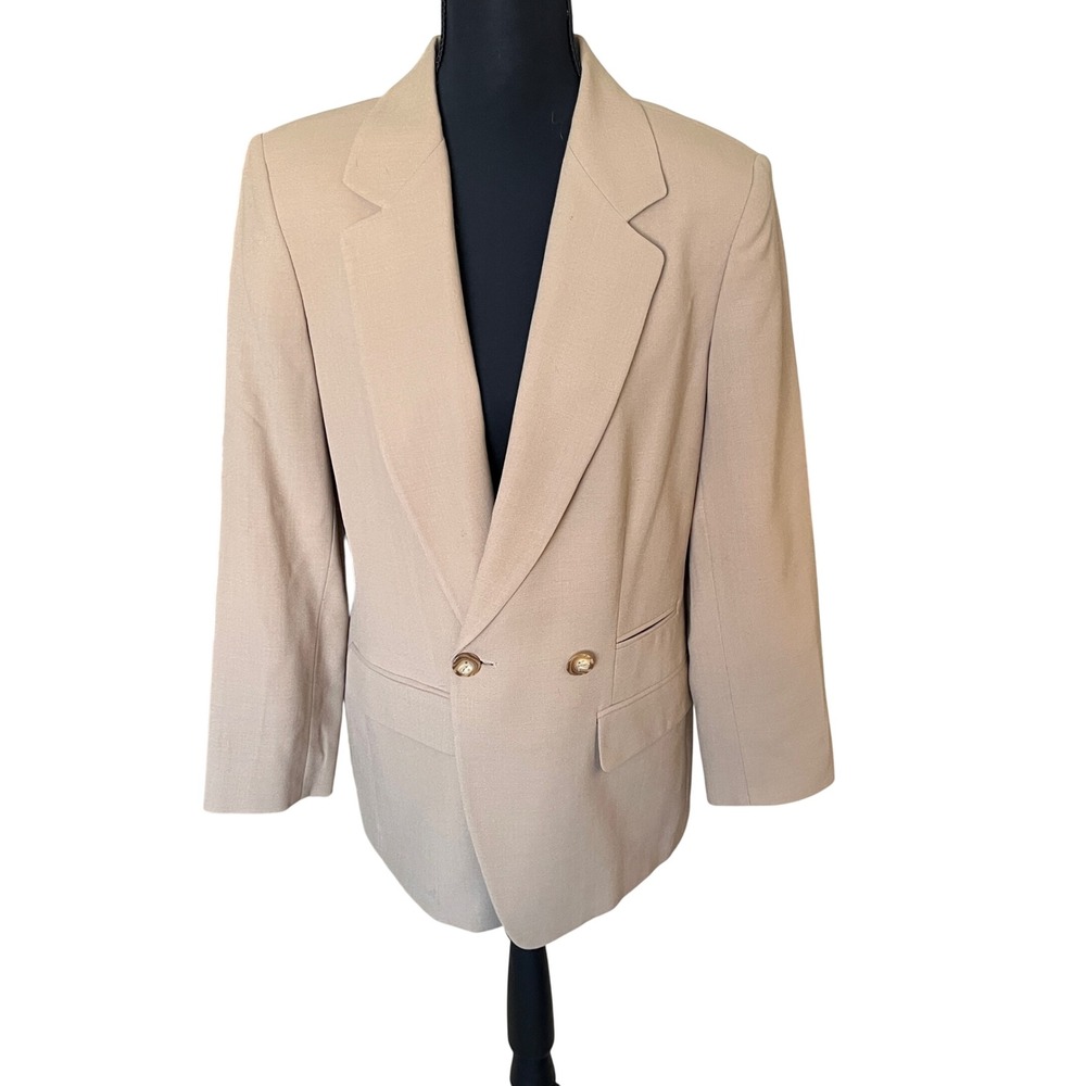 Liz Claiborne Collection Vintage 100% Wool Double Breasted Blazer Tan Beige 8